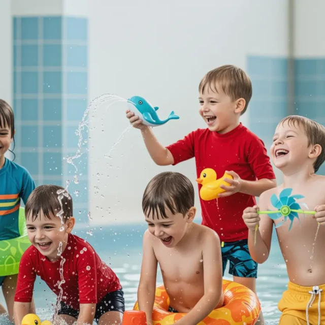 5 kleiner Kinder spiele mit Wasserspielzeug im flachen Wasser