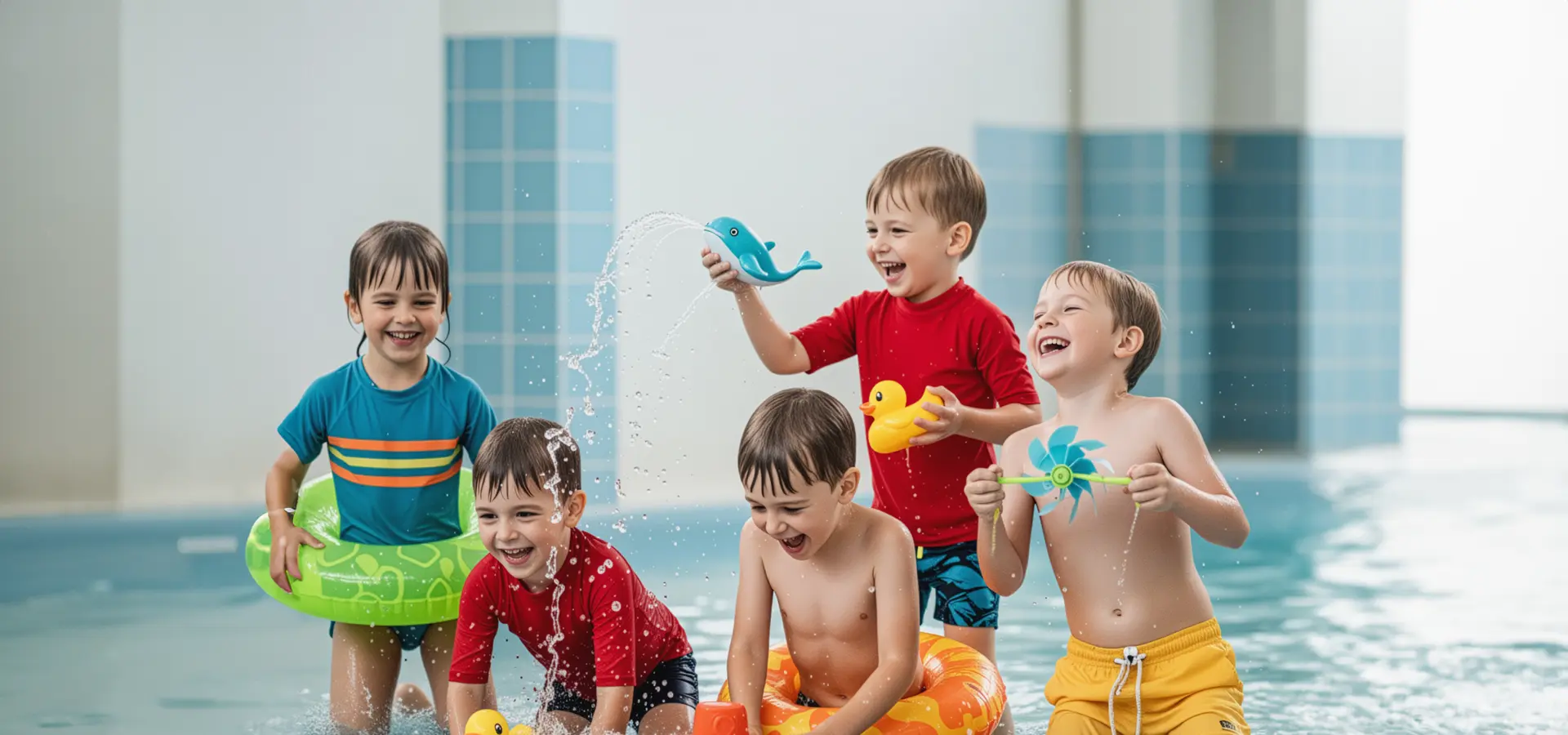 5 kleiner Kinder spiele mit Wasserspielzeug im flachen Wasser