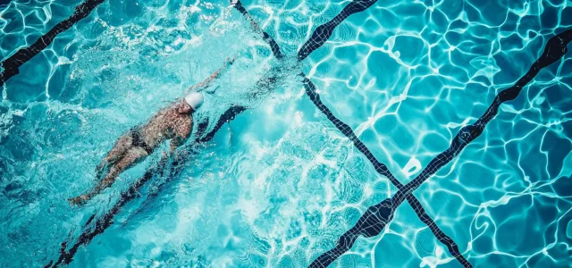 Schwimmer mit Bademütze von oben beim kraulen