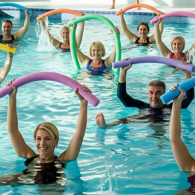 Gruppe von Menschen mit Poolnudeln bei der Aquafitness