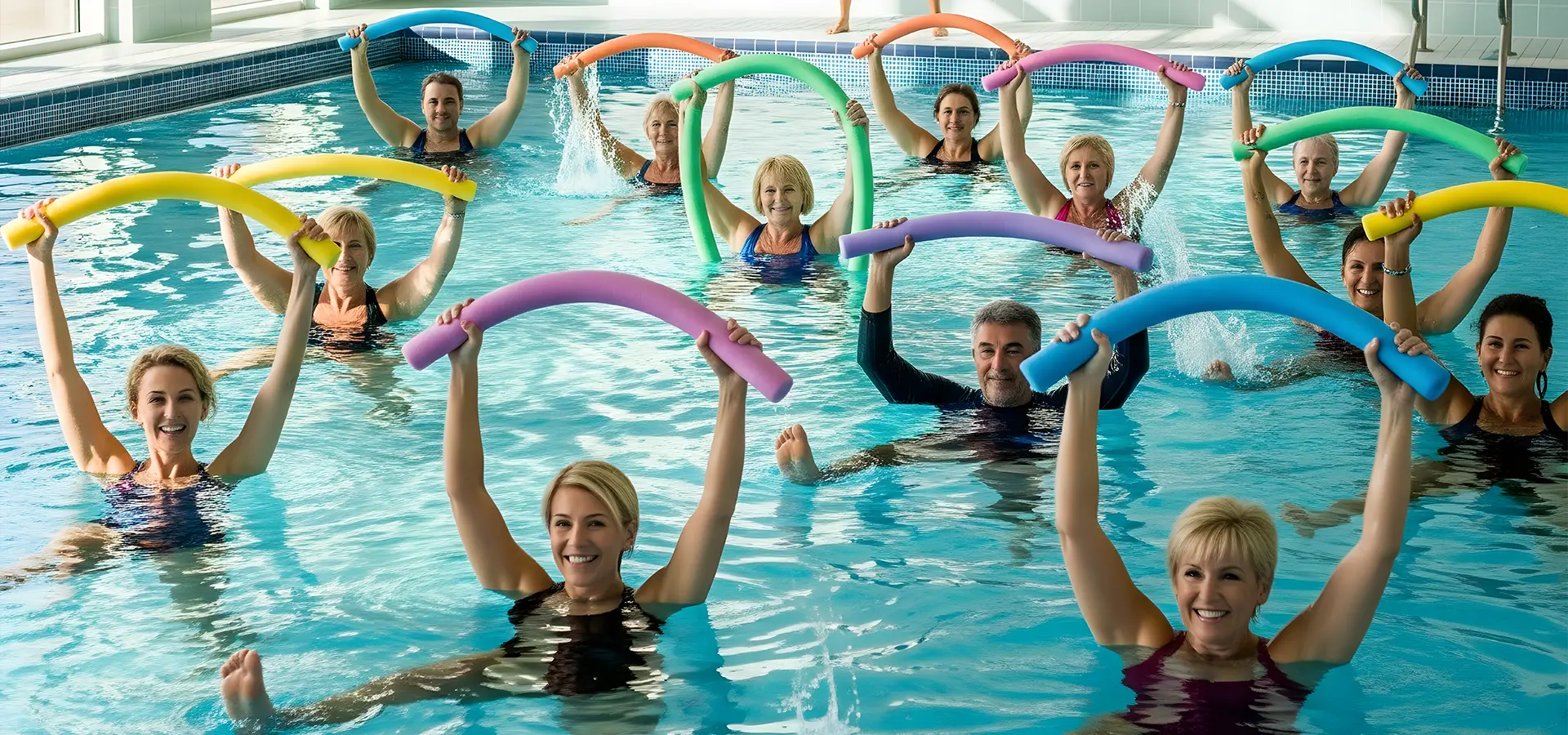 Gruppe von Menschen mit Poolnudeln bei der Aquafitness
