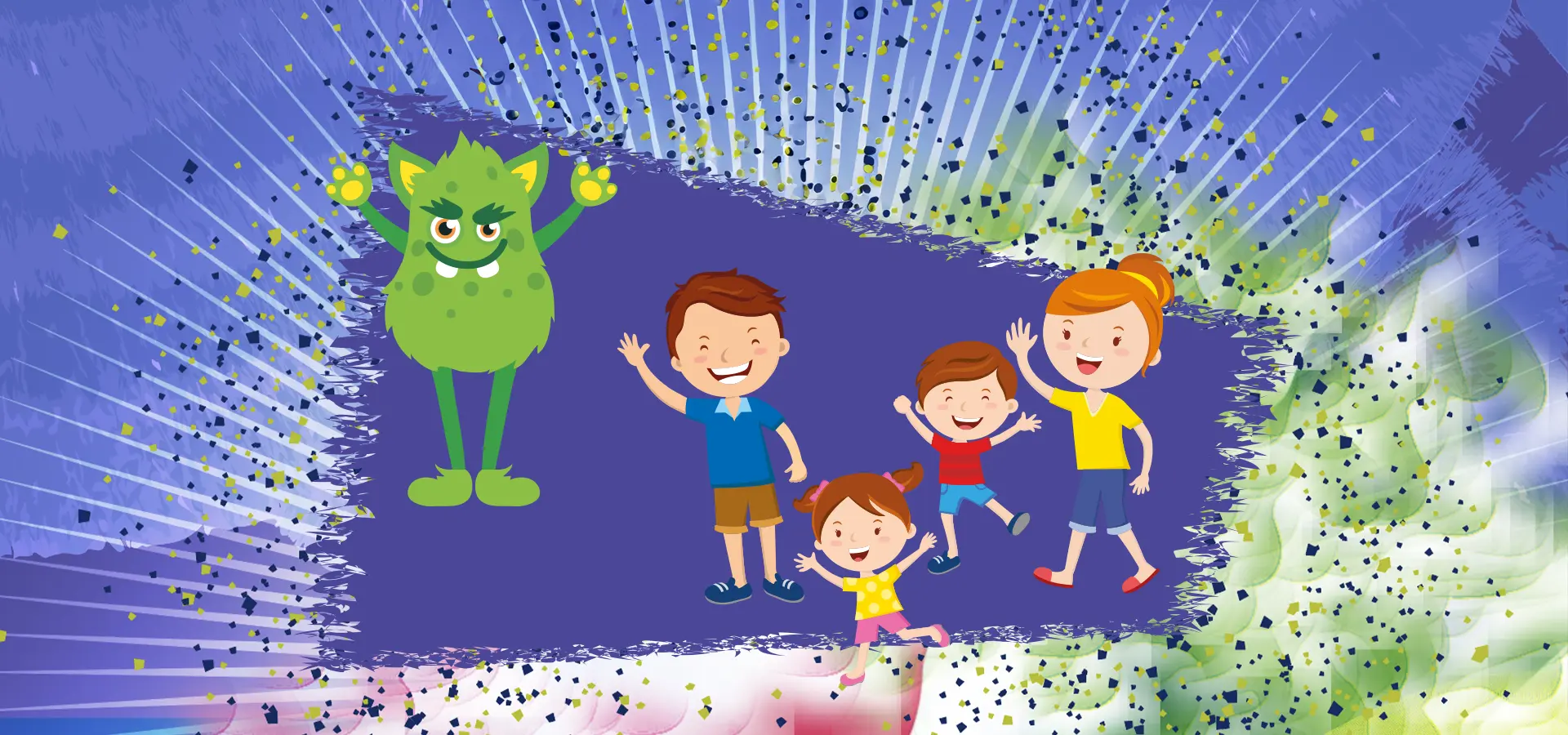 Gezeichnete Familie mit einem kleinen grünen Monster